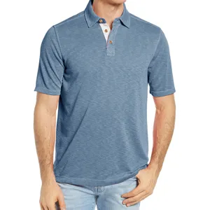 Short-sleeve blue heathered polo shirt detail showing collar and button placket design.