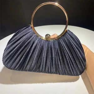 Pleated Satin Evening Clutch Bag Elegant Gold Ring Handbag Women Prom Party Purse