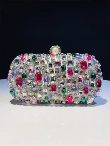 Elegant crystal evening clutch bag, luxury rhinestone box purse with pearl clasp for women.