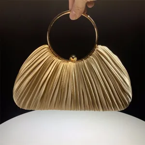 Satin pleated evening clutch bag with golden metal round ring handle for women parties.