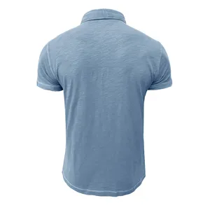 Men's cotton short sleeve polo shirt back detail view, casual vintage washed slim top.