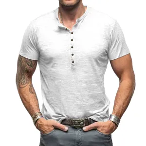 Detailed view of men's short sleeve muscle fit Henley t-shirt in casual light grey.