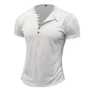Close-up detail of the white men short sleeve Henley t-shirt textured fabric and button placket.