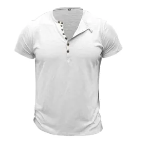 Detail shot of white men short sleeve Henley shirt with brown buttons and collar label.