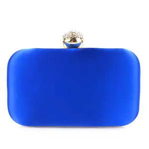 Blue satin evening clutch bag with sparkling rhinestone round clasp for women party wedding.