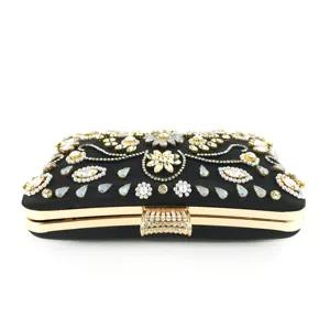 Élégante pochette de soirée noire avec strass et perles faits à la main pour mariages.