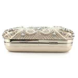 Elegant beaded evening clutch bag, handmade crystal pearl satin purse for wedding party.