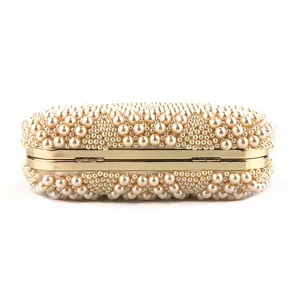 Handmade beaded pearl evening clutch bag gold metal frame elegant women party handbag detail