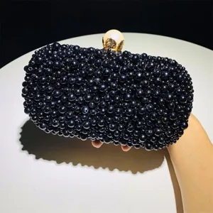 Handgemaakte zwarte kralen avondtas clutch met parelsluiting voor dames feest bruiloft banketten.
