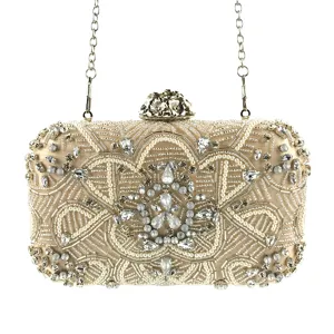 Exquisite champagne evening clutch bag with handmade bead embroidery and sparkling rhinestones.