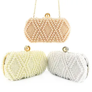 Elegant handmade pearl evening clutch bag with diamond pattern and chain for women fashion.