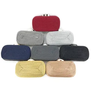 Woven evening clutch bag set, elegant box purse with metal lock in varied colors.