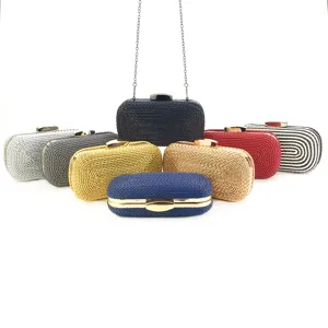Woven women evening clutch bag with metal chain, elegant handmade shoulder purse for party.
