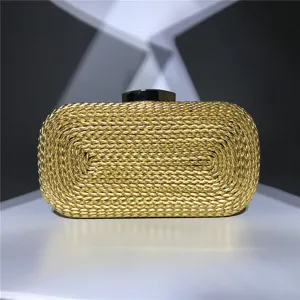Gold woven clutch bag for women, elegant metallic evening bag, stylish party purse detail.