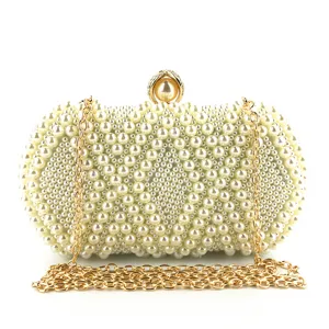 Elegant pearl beaded evening clutch bag with gold chain strap for women party wedding.