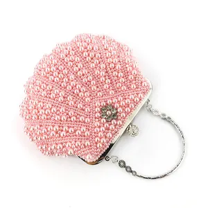 Rosa Perlen Muschel Abendtasche mit rundem Metallgriff und Kristallblumen Dekor.