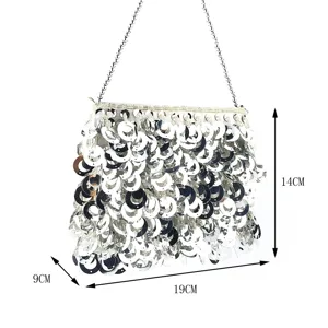 Sac de soirée à sequins argentés avec chaîne pochette brillante pour femme fête mariage 19cm