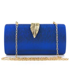 Blue evening clutch bag with gold leaf clasp and metal chain strap for women parties weddings