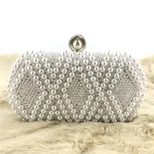 Pearl evening clutch bag, handmade beaded diamond pattern bridal wedding purse for women.