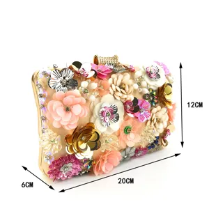 Handmade rhinestone sequin floral evening clutch bag, 20x12x6cm luxury party shoulder handbag.
