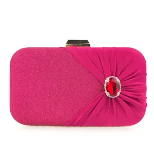 Elegant rhinestone evening clutch bag with glitter, pleated satin, and red crystal for party.