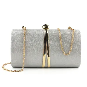Elegant silver glitter evening clutch bag with gold chain strap and metal clasp for women.