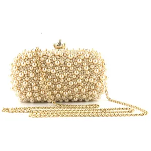 Handgemaakte Parel Avondtas Clutch met Gouden Ketting, elegante feestelijke bruiloft tas.