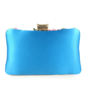Blue satin evening clutch bag with gold metal clasp and colorful floral beaded decoration for women