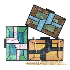 Sac De Soirée En Acrylique Patchwork Géométrique Pour Femmes Pochette Rigide Mosaïque Avec Bandoulière Chaîne Métallique Pour Fête Mariage Banquet