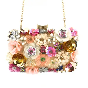 Handmade colorful floral beaded evening clutch bag with chain strap for women detail