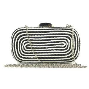 Black and white woven clutch bag for women, stylish PU leather evening bag with silver chain.