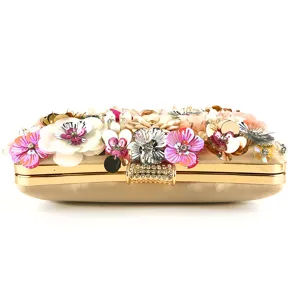 Gold evening clutch bag with handmade colorful floral sequin bead details for women party wear.