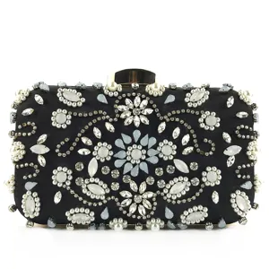 Schwarze satinierte Perlen Abendtasche Clutch mit Strasssteinen und Perlen für Damen