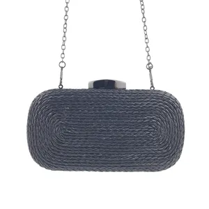 Black woven PU leather clutch bag detail, elegant hard case evening bag with chain.