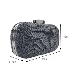 Black woven PU clutch bag for women, elegant evening party handbag with metal clasp and chain.