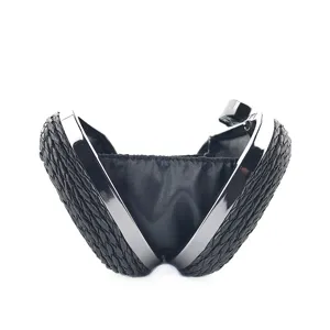 Black woven PU leather clutch bag with silver metal frame for women evening party fashion.