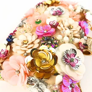 Close-up of handmade sequin beaded evening bag with colorful floral details and rhinestones.