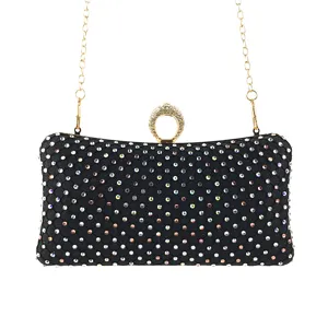 Elegante schwarze Strass Abendtasche Clutch mit Goldkette und Ring Griff für Damen Party