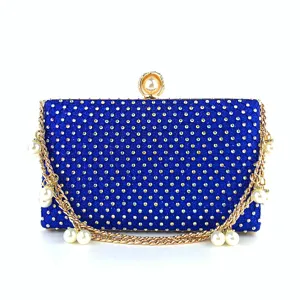 Elegant royal blue rhinestone evening clutch bag with pearl chain for women party.