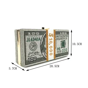 Rhinestone dollar bill clutch bag, crystal evening purse, luxury money design party handbag.