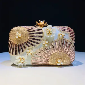 Elegant sequin pearl evening clutch bag with exquisite flower and fan beaded design for weddings.
