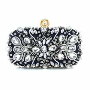 Handcrafted black rhinestone evening clutch bag with pearl clasp luxury bridal wedding purse