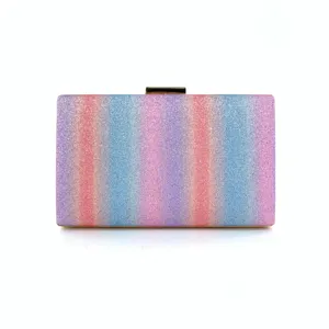 Glittering rainbow gradient sequin evening clutch bag detail view, sparkling texture.