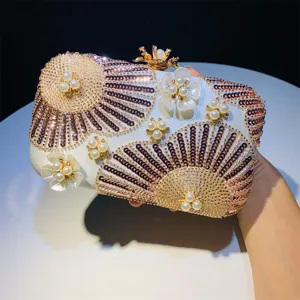 Exquisite floral pearl evening clutch bag with sparkling sequins and elegant fan patterns.