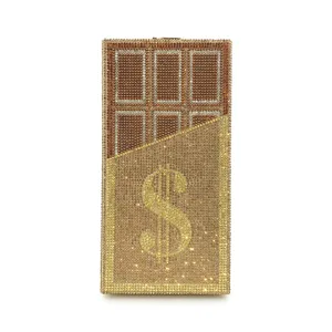 Exquisite rhinestone dollar chocolate clutch bag, sparkling crystal evening bag details.