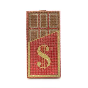 Rhinestone chocolate dollar clutch bag, sparkling crystal evening bag detail view.