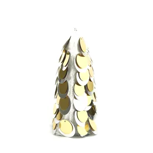 Close-up detail of cone shaped sequin evening bag with gold and silver disc pattern.