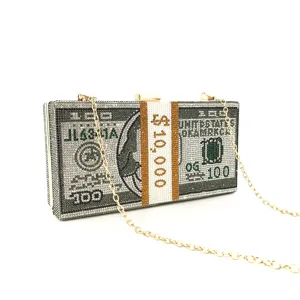 Rhinestone dollar bill clutch bag, sparkling crystal evening handbag with gold chain strap.