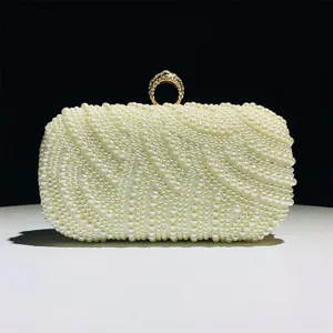 Elegant pearl evening clutch bag with sparkling ring clasp for women party wedding dress.