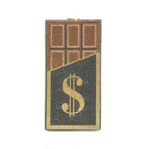 Rhinestone chocolate clutch bag, sparkling crystal dollar sign evening purse for women.